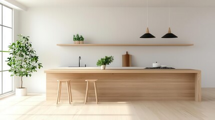 Fototapeta premium Cozy Japanese kitchen with natural wood details, soft curves, and an open, inviting layout