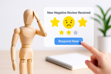Wooden mannequin appears confused or worried about receiving negative online review, with hand pointing to response button, conveying customer