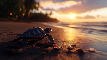 Sea Turtle Sunset Stroll: A Baby Turtle's Journey to the Ocean at Golden Hour