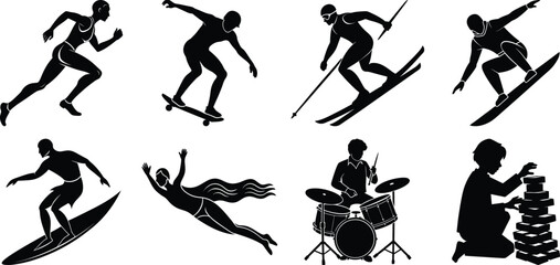 set of silhouettes  vector human running in a race,  
 human skiing ,human surfing  of different professions on white background