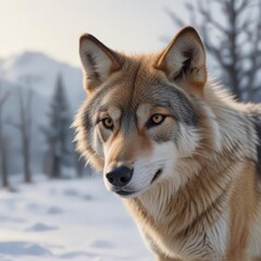 Obraz premium Eurasian wolf, snowy landscape, winter fur, sharp gaze, snow, nature, footprints
