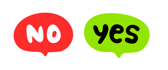 Doodle chat bubbles Yes or No choice. Agree and disagree sign. Approve or deny. Check and Cross sign. Vector illustration. Accept icon