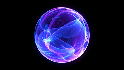 Blue and purple neon 3d sphere of gradient waves and glowing particles. Abstract technology concept, Artificial Intelligence, engineering, big data, and innovations. Vibrant futuristic sphere.