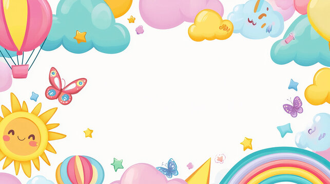Cute cartoon frame border with rainbow, kites, balloons, sun, clouds, and butterflies on a white background in pastel colors, flat vector style for kids&rsquo; design and decoration.