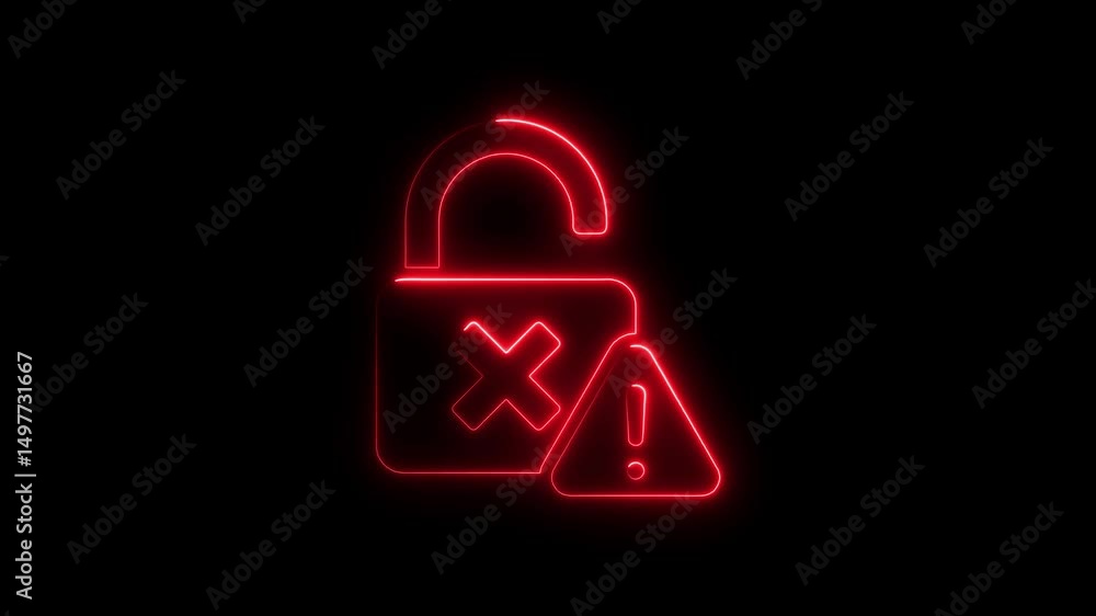 Poster neon lock error symbol with exclamation point on black background