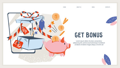 Bonus promotions and cashback offers banner. Marketing strategy of gifts and bonuses, voucher offer and loyalty cards, vector web banner design.