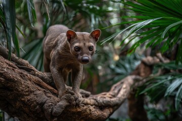 A Curious Animal in a Lush Tropical Landscape on a Tree Branch Surrounded by Vibrant Green Foliage, Showcasing Its Unique Features and Nature's Beauty