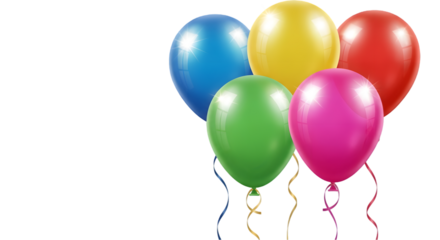 Realistic image of five shiny latex balloons in vivid colors (red, blue, yellow, green, and pink), with soft light reflections