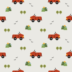 Car red cartoon so cute. On mountain cloud sun bird background. Pattern seamless vector illustration. 