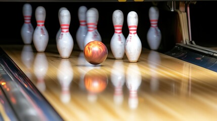 A fiery bowling ball speeds towards the pins on a polished wooden lane.