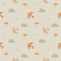 Fototapeta premium Bird cartoon so cute. On tree cloud background. Pattern seamless vector illustration. 