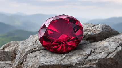 A sparkling ruby gemstone rests on a textured rock surface with a blurred landscape background enhancing its vibrant color and intricate facets in natural light.