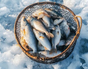 Freshly caught fish in a woven basket on ice.