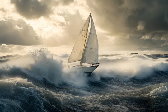 A small boat in the roaring waves