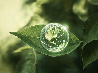  Green leaf with Earth embedded inside, symbolizing global environmental protection and sustainable practices, emphasizing corporate responsibility in eco-friendly product development.