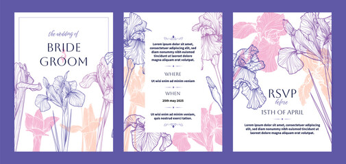 Wedding invitation card background vector. Elegant botanical flower decorate with line art iris flowers texture template background. Design illustration for wedding and vip cover template, banner.