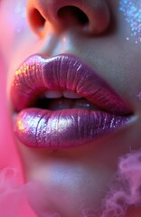 Close-up of luscious pink lips with sparkling glitter make-up. Glossy lipstick, vibrant color with radiant shimmer. Beauty, fashion, cosmetology. Feminine style, glamorous party, luxury portrait,