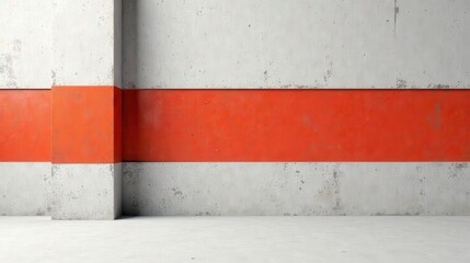 Fototapeta premium Abstract Architectural Composition Featuring a Striking Horizontal Band of Vivid Orange Accenting a Neutral Concrete Wall and Floor