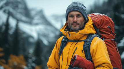 Man wearing winter gear, hiking in snowy mountains.