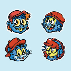 Set of Funny Cartoon Character Stickers