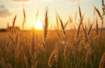 Naklejka premium Golden wheat field at sunset. Agriculture farm farmland rural landscape with sun light. Beautiful nature background with golden hour light, plants. Natural organic growth. Sunshine on a summer day.