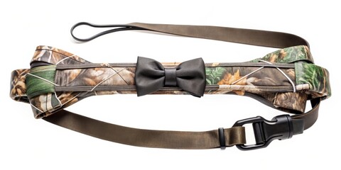 Camouflage Carrying Strap with Elegant Black Bowtie Detail A Fashionable and Functional Accessory