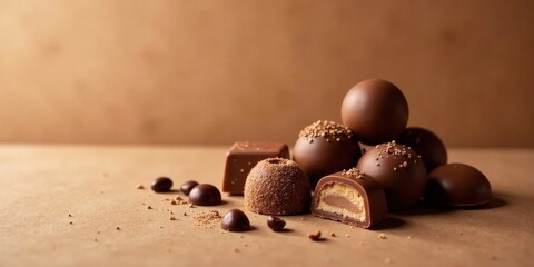 A delectable assortment of artisan chocolates, including truffles, squares, and filled bonbons, artfully arranged on a neutral background.