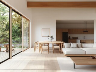 Fototapeta premium Contemporary Japanese villa interior with open mezzanine, seamless indooroutdoor connection, and wabisabi aesthetics