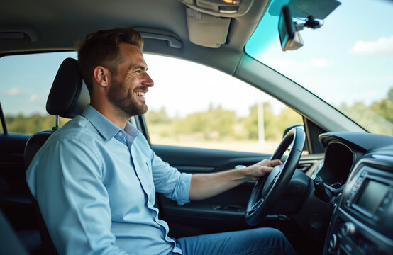 Happy man driver in car with seatbelt on. Attractive guy in blue shirt smiling before driving. Transport app driver service. Positive emotions, taxi rides, transportation.
