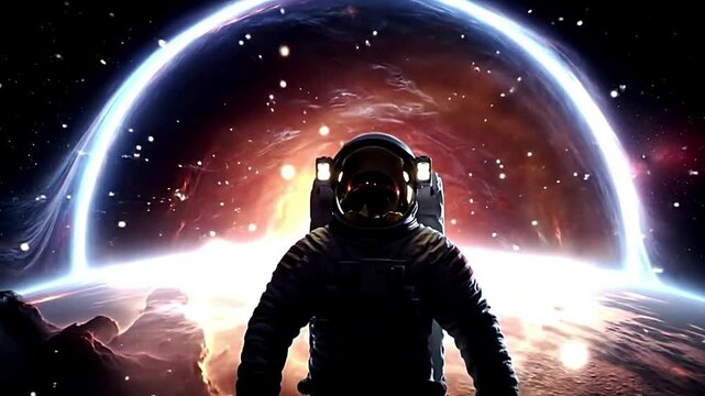 Alien Planet Annihilation: Astronaut observes world's end by black hole & vibrant cosmic energy. Seamless sci-fi abstract background
