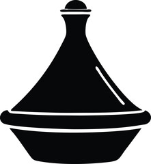 Black silhouette presents a traditional Moroccan tagine, showcasing its unique conical lid and base