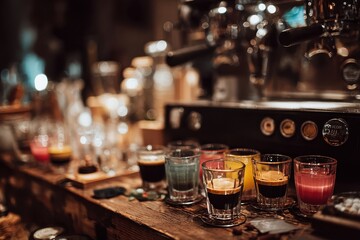 A Vibrant Coffee Shop Counter with Colorful Shots of Espresso, Varied Glassware, and Coffee Equipment Creating a Cozy and Inviting Atmosphere