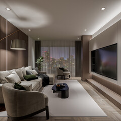 A modern living room with a sofa and armchairs facing a large TV