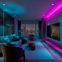 The living room with vibrant colors led lights, ready for cinematic mode.