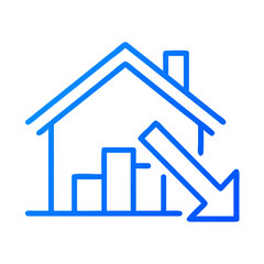 House market decline graph icon showing real estate price decrease and falling property value trend line chart on transparent background