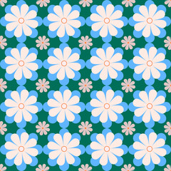 Geometric flower pattern of blue, cream, brown, green colors. Abstract shape of floral design. Concept of seamless, retro, vintage, cute, playful for fashion, fabric, wrapping, decoration, background.