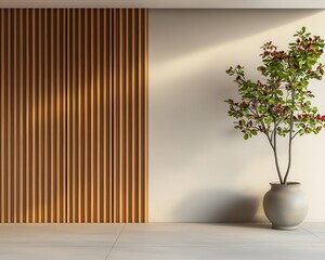 Elegant Japanese twostory home with neutral tones, handcrafted wood panels, and soft diffused lighting