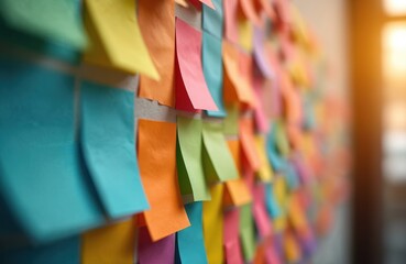 Close-up of wall covered colorful Post-it Notes. Idea generation, creative communication, brainstorming concept. Sticky notes, reminder, business, team work, project planning, data management.