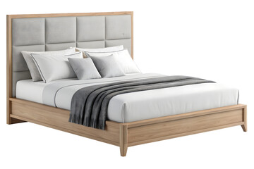 Modern Wooden Bed with Upholstered Headboard on transparent background