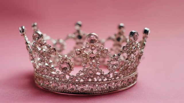 Crystal crown for a beauty pageant symbolizes elegance and ambition against a pink background