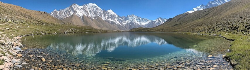 Stunning panoramic view of a mountain lake with reflections of the snow-capped peaks and sky.