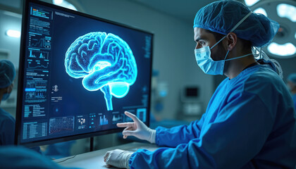 Neurosurgeon prepares for brain surgery, using 3D holographic brain model on screen. Medical worker in surgical scrubs, mask, gloves. Modern tech, healthcare, medical innovation, digital technologies