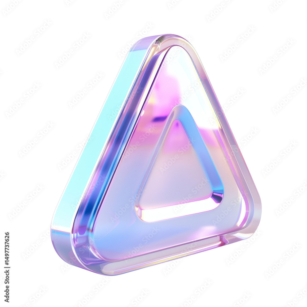 Poster transparent iridescent triangle symbol with glossy light refraction effect