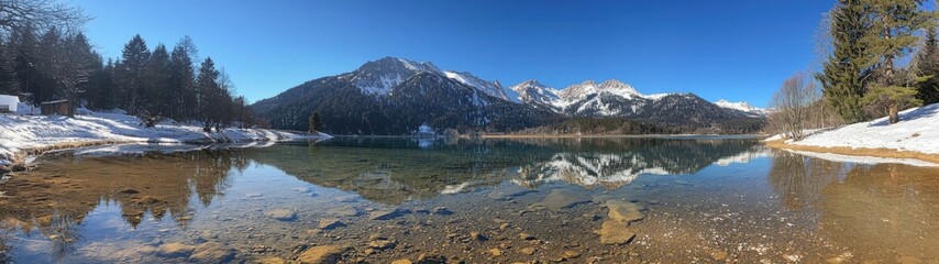 A stunning panorama of a lake surrounded by snow-capped mountains under a clear blue sky.