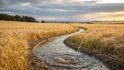 A stream of water irrigates a golden wheat field under a clear blue sky