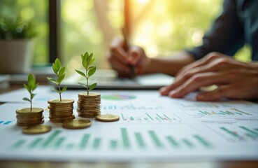 Person analyzing financial data. Coins, green plants symbolize financial growth, investment, future wealth. Charts, reports, business planning, saving, budgeting, consulting concept. Nature,