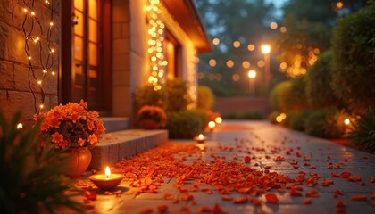 Obraz premium Diwali lights adorn home entrance. Illuminated path, lanterns, candles, flowers, petal decor. Night festival celebration with glowing lights, warm ambiance. Traditional Indian holiday, festive vibes.