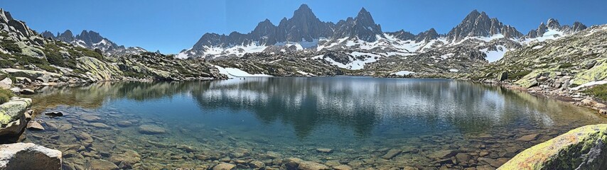 Stunning panoramic shot capturing an alpine lake with majestic mountain peaks reflected in the water.