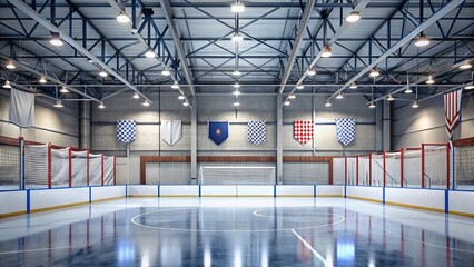 Fototapeta premium Indoor Arena Empty Ice Rink with Nets and Banners Ready for a Game
