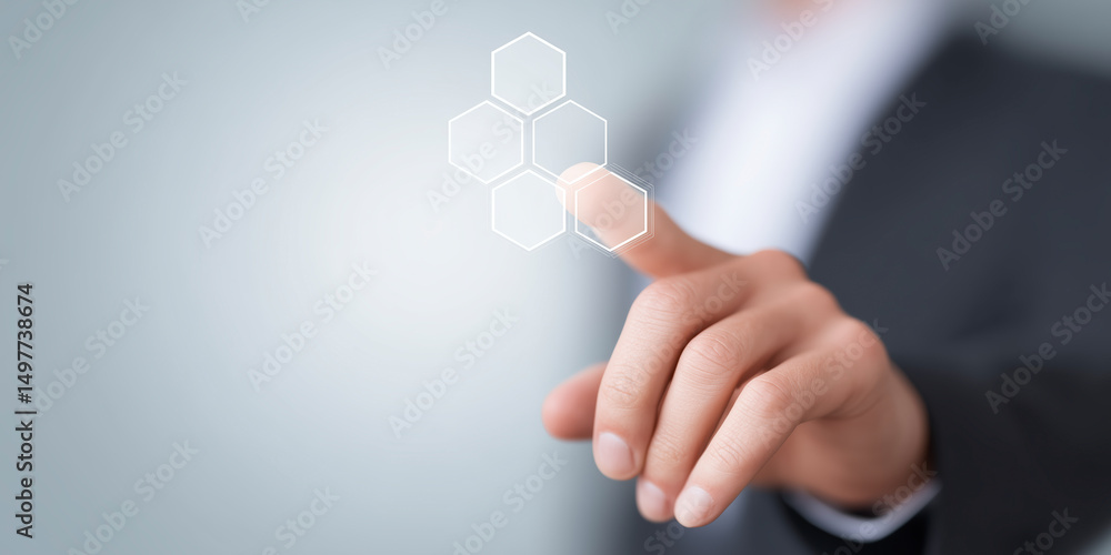 Poster business professional interacting with digital interface displaying hexagonal shapes and technology 